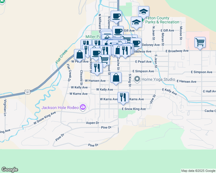 map of restaurants, bars, coffee shops, grocery stores, and more near 150 West Hansen Avenue in Jackson