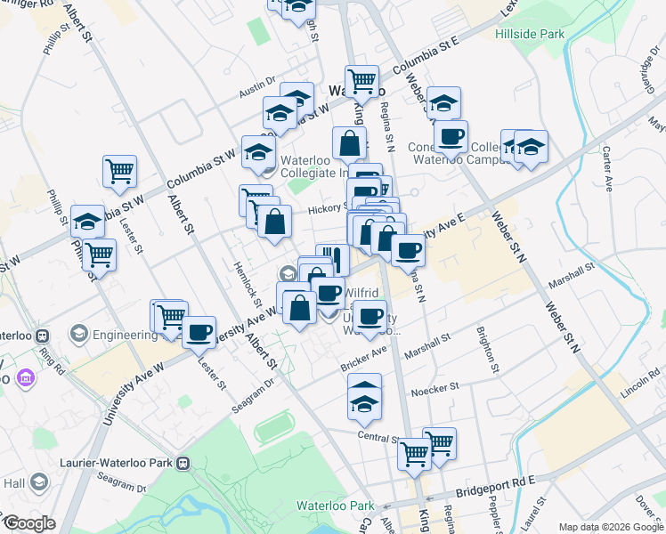 map of restaurants, bars, coffee shops, grocery stores, and more near 3 State Court in Waterloo