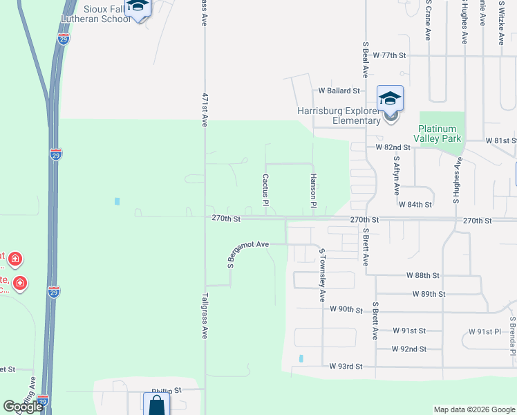 map of restaurants, bars, coffee shops, grocery stores, and more near 26997 Cactus Place in Sioux Falls