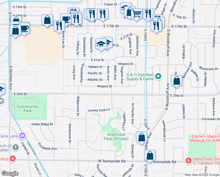 map of restaurants, bars, coffee shops, grocery stores, and more near 1234 Mojave St in Idaho Falls