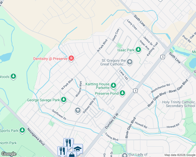 map of restaurants, bars, coffee shops, grocery stores, and more near 3130 Hines Drive in Oakville