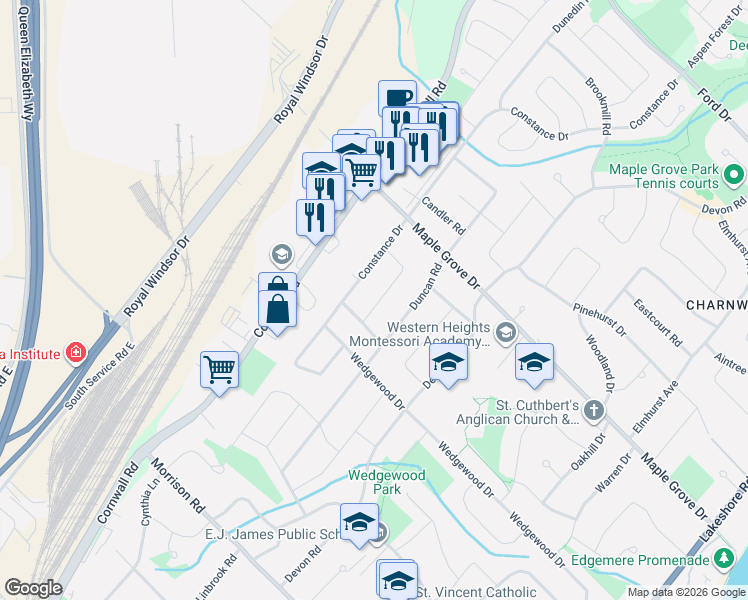 map of restaurants, bars, coffee shops, grocery stores, and more near 1479 Briarwood Crescent in Oakville