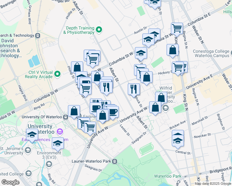 map of restaurants, bars, coffee shops, grocery stores, and more near 278 Sunview Street in Waterloo