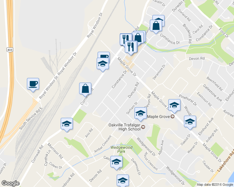 map of restaurants, bars, coffee shops, grocery stores, and more near 1479 Briarwood Crescent in Oakville