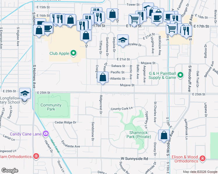 map of restaurants, bars, coffee shops, grocery stores, and more near 1072 Mojave Street in Idaho Falls