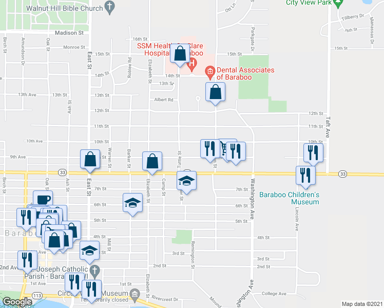 map of restaurants, bars, coffee shops, grocery stores, and more near 745 9th Street in Baraboo