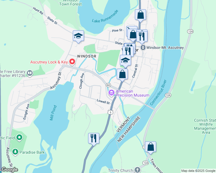 map of restaurants, bars, coffee shops, grocery stores, and more near 85 Union Street in Windsor