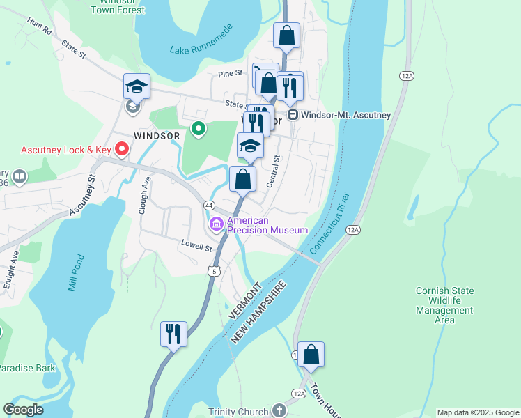 map of restaurants, bars, coffee shops, grocery stores, and more near 24 Durkee Street in Windsor