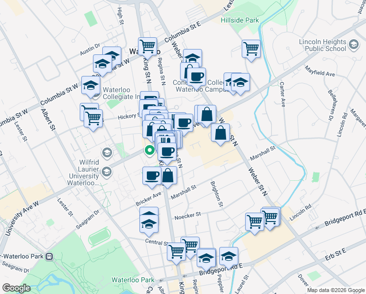 map of restaurants, bars, coffee shops, grocery stores, and more near 230 Regina Street North in Waterloo