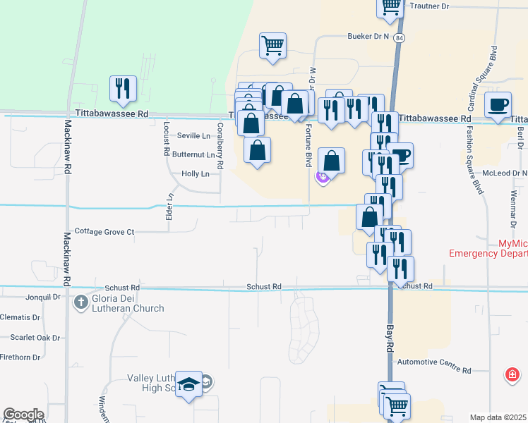map of restaurants, bars, coffee shops, grocery stores, and more near 4746 Coral Berry Road in Saginaw
