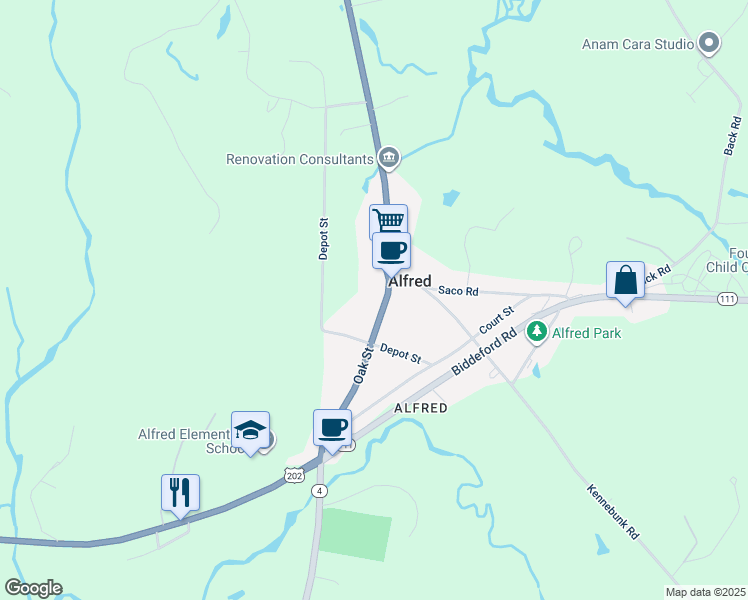 map of restaurants, bars, coffee shops, grocery stores, and more near 17 Oak Street in Alfred