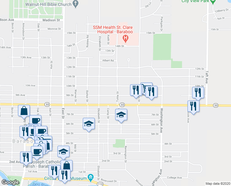 map of restaurants, bars, coffee shops, grocery stores, and more near 715 9th Street in Baraboo