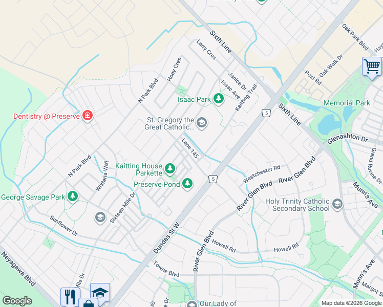 map of restaurants, bars, coffee shops, grocery stores, and more near 3061 Preserve Drive in Oakville