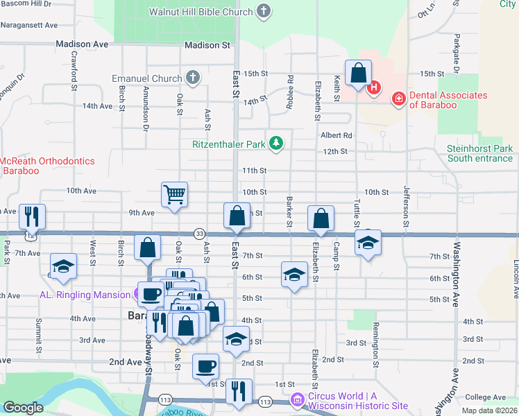 map of restaurants, bars, coffee shops, grocery stores, and more near 333 9th Street in Baraboo