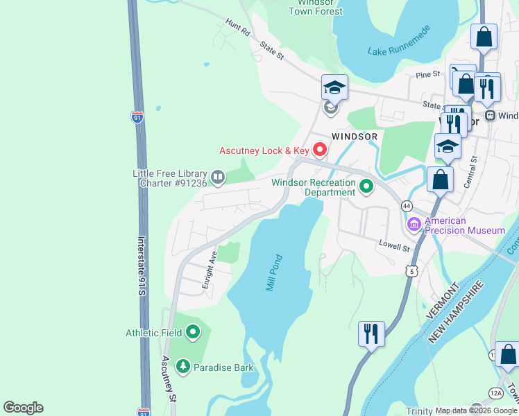 map of restaurants, bars, coffee shops, grocery stores, and more near 1 Cherry St in Windsor