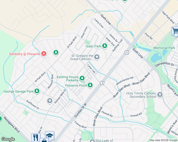 map of restaurants, bars, coffee shops, grocery stores, and more near 3072 Preserve Drive in Oakville