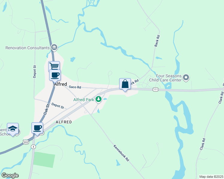 map of restaurants, bars, coffee shops, grocery stores, and more near 138 Biddeford Road in Alfred