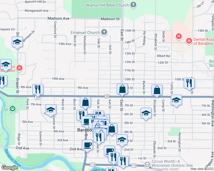 map of restaurants, bars, coffee shops, grocery stores, and more near 125 9th Street in Baraboo