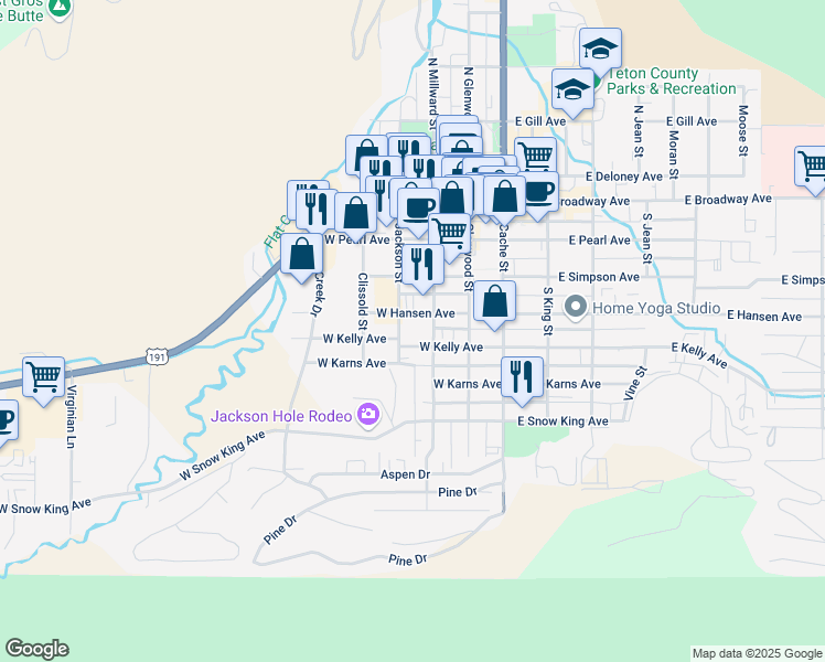 map of restaurants, bars, coffee shops, grocery stores, and more near 360 South Jackson Street in Jackson