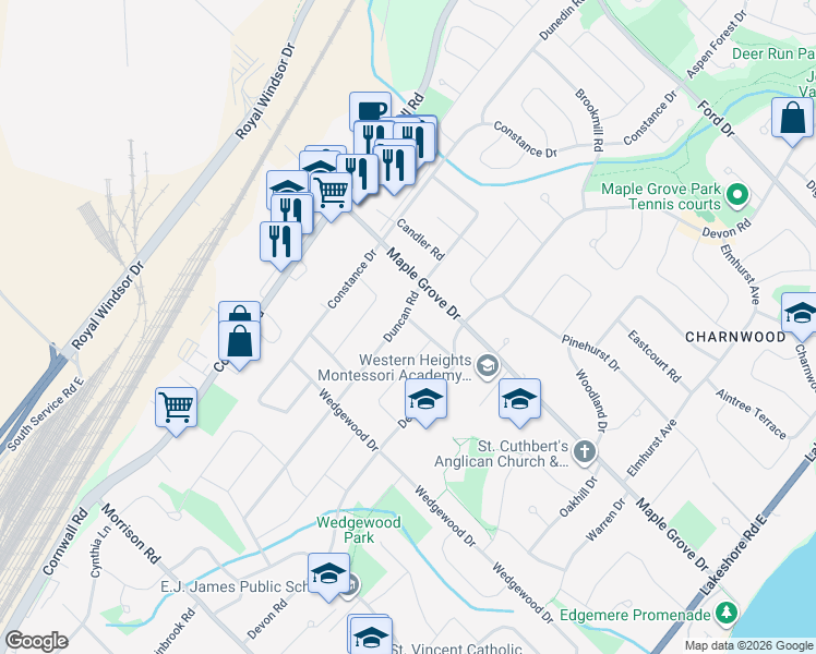 map of restaurants, bars, coffee shops, grocery stores, and more near 1511 Duncan Road in Oakville