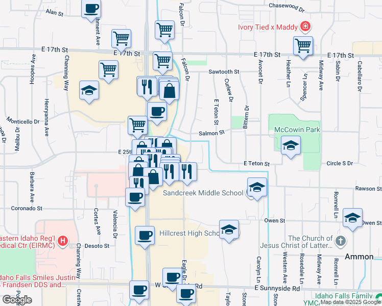 map of restaurants, bars, coffee shops, grocery stores, and more near 2351 Eagle Drive in Ammon