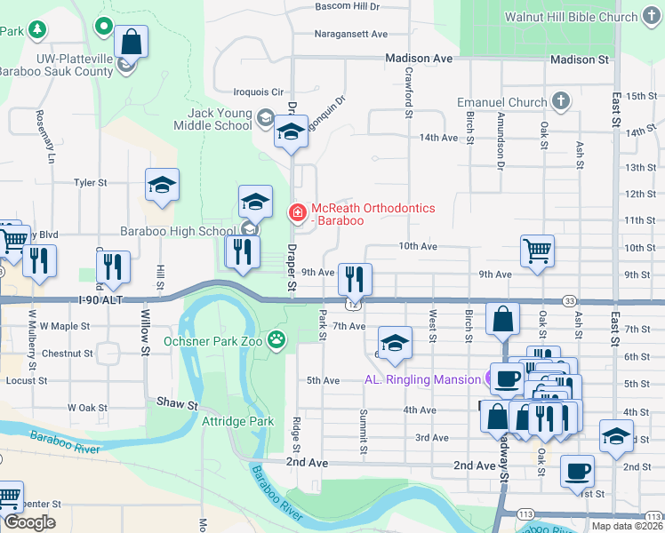 map of restaurants, bars, coffee shops, grocery stores, and more near 624 9th Ave in Baraboo