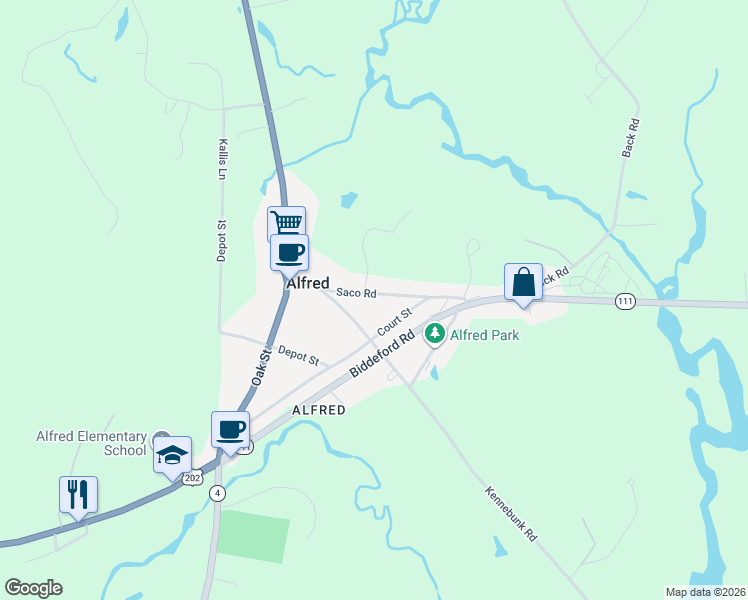 map of restaurants, bars, coffee shops, grocery stores, and more near 39 Saco Road in Alfred
