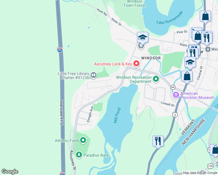 map of restaurants, bars, coffee shops, grocery stores, and more near 1 Cherry Street in Windsor