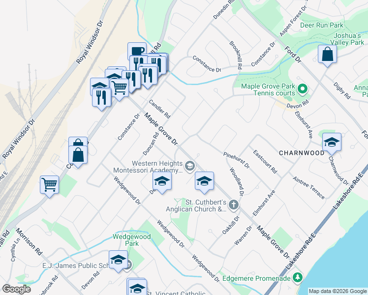 map of restaurants, bars, coffee shops, grocery stores, and more near 379 Maple Grove Drive in Oakville
