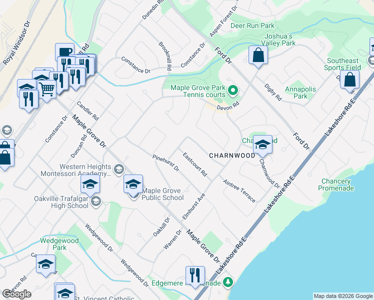 map of restaurants, bars, coffee shops, grocery stores, and more near 275 Eastcourt Road in Oakville