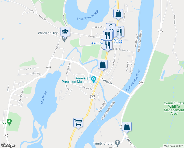 map of restaurants, bars, coffee shops, grocery stores, and more near 85 Union Street in Windsor