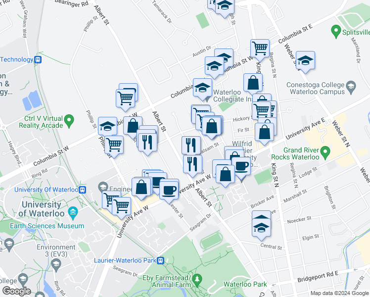 map of restaurants, bars, coffee shops, grocery stores, and more near in Waterloo
