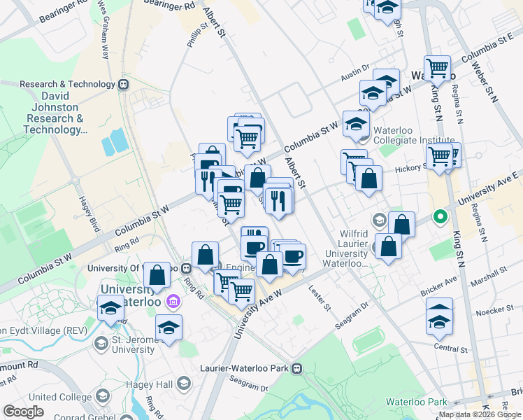 map of restaurants, bars, coffee shops, grocery stores, and more near 295B Lester Street in Waterloo