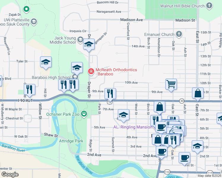 map of restaurants, bars, coffee shops, grocery stores, and more near 538 9th Avenue in Baraboo