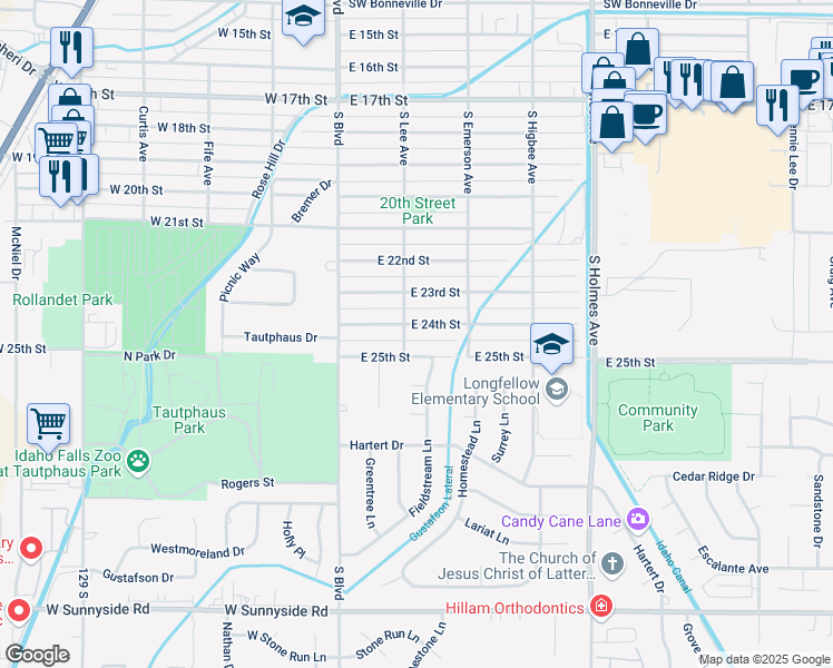 map of restaurants, bars, coffee shops, grocery stores, and more near 214 East 24th Street in Idaho Falls