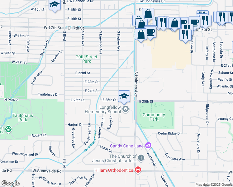 map of restaurants, bars, coffee shops, grocery stores, and more near 390 East 24th Street in Idaho Falls