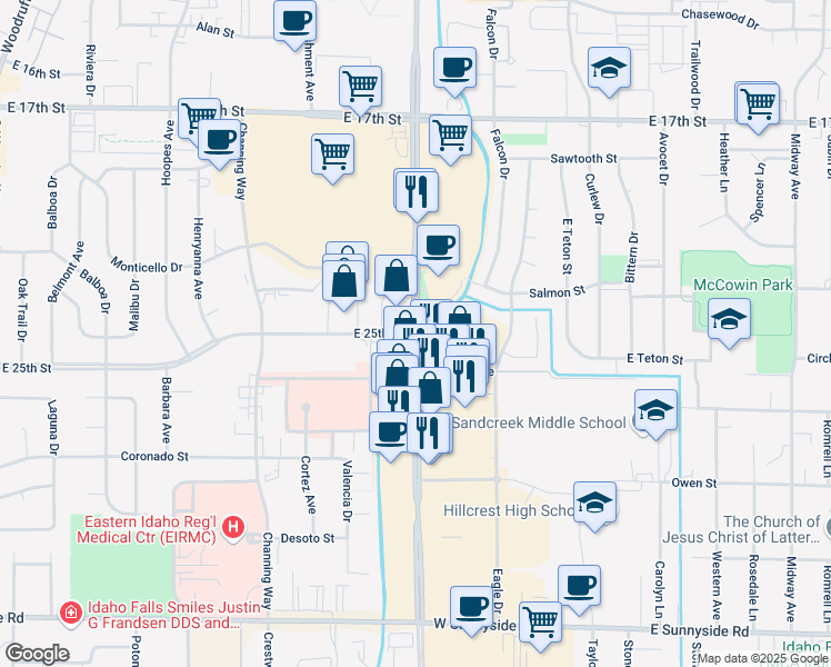 map of restaurants, bars, coffee shops, grocery stores, and more near 2637 East 25th Street in Idaho Falls