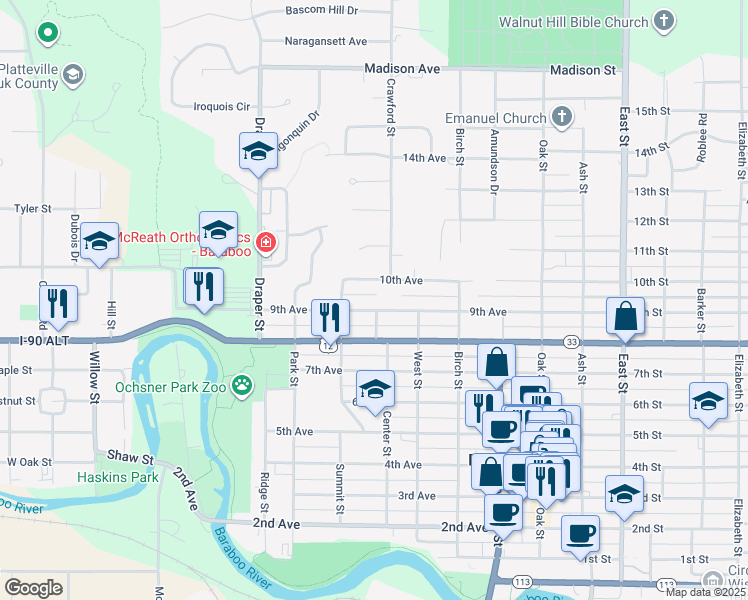 map of restaurants, bars, coffee shops, grocery stores, and more near 500 9th Avenue in Baraboo
