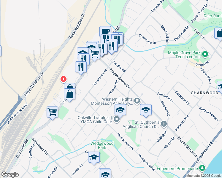 map of restaurants, bars, coffee shops, grocery stores, and more near 1511 Duncan Road in Oakville