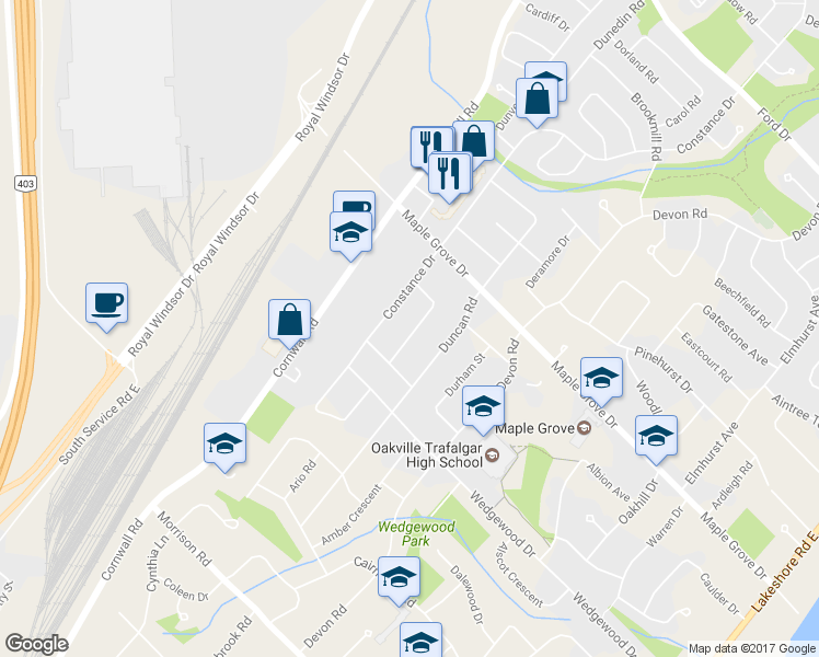 map of restaurants, bars, coffee shops, grocery stores, and more near 1487 Briarwood Crescent in Oakville