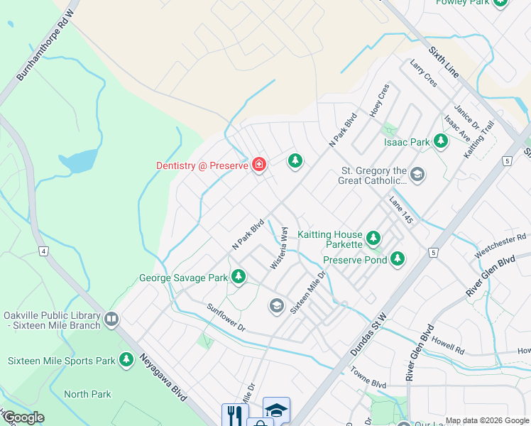 map of restaurants, bars, coffee shops, grocery stores, and more near 285 North Park Boulevard in Oakville