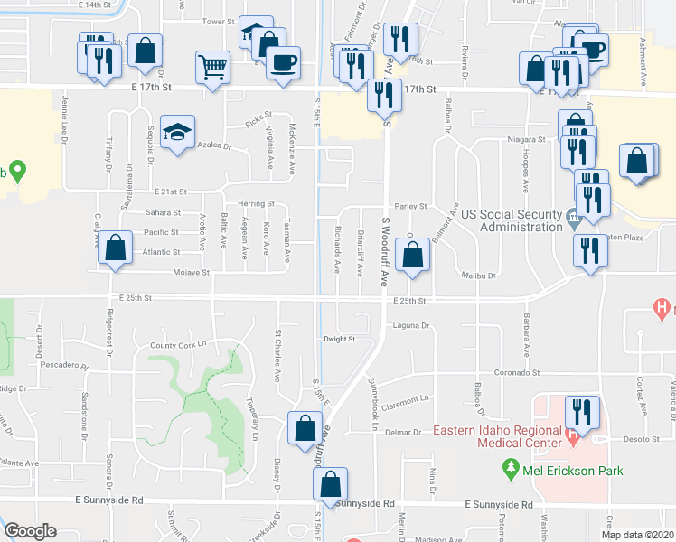 map of restaurants, bars, coffee shops, grocery stores, and more near 2401 Richards Avenue in Idaho Falls