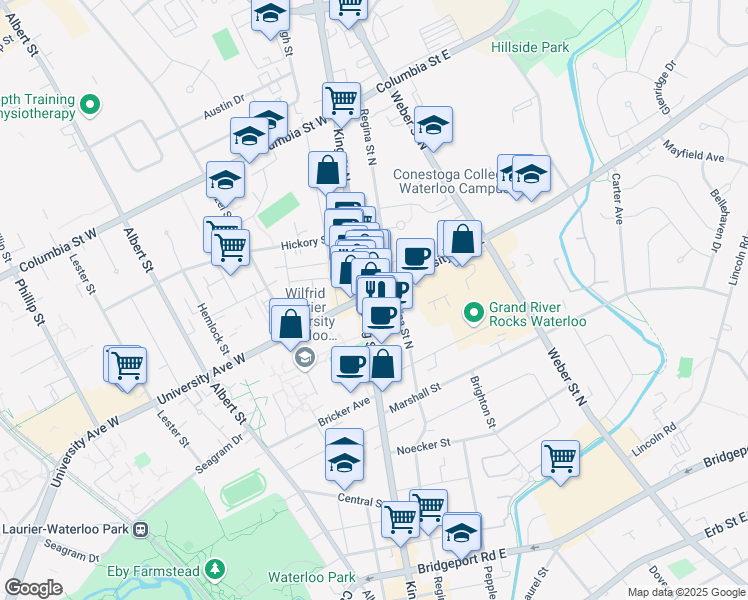 map of restaurants, bars, coffee shops, grocery stores, and more near 248 King Street North in Waterloo