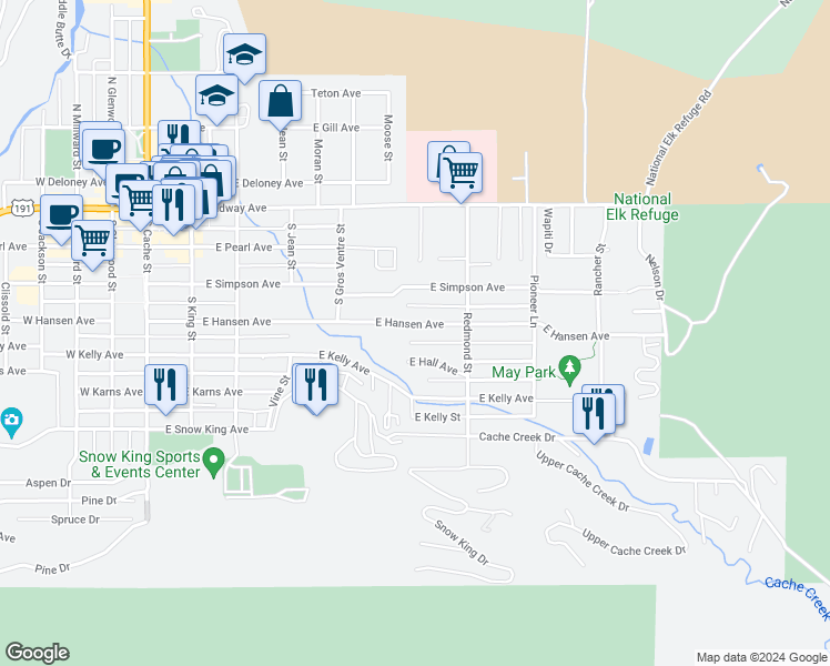 map of restaurants, bars, coffee shops, grocery stores, and more near 510 East Hansen Avenue in Jackson