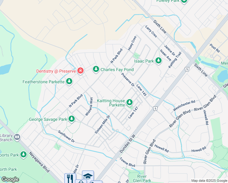map of restaurants, bars, coffee shops, grocery stores, and more near in Oakville