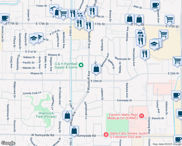 map of restaurants, bars, coffee shops, grocery stores, and more near 2389 S Woodruff Ave in Idaho Falls