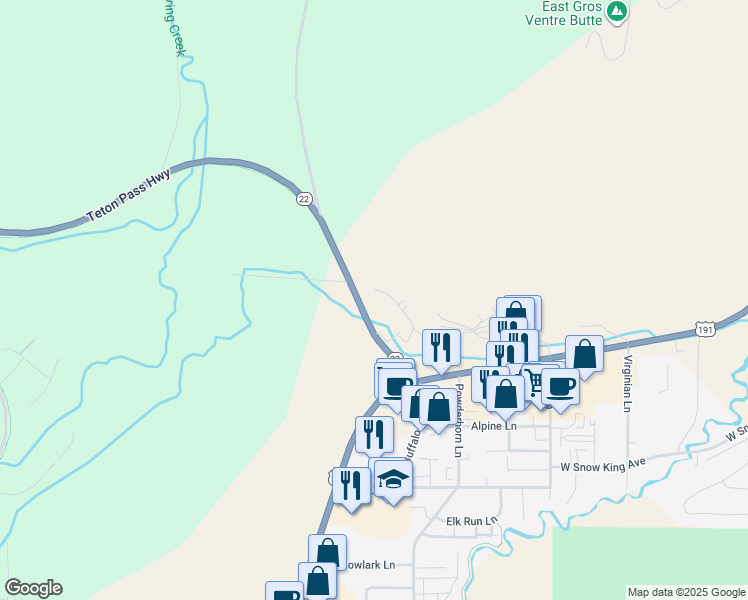 map of restaurants, bars, coffee shops, grocery stores, and more near 1253 Wyoming 22 in Jackson