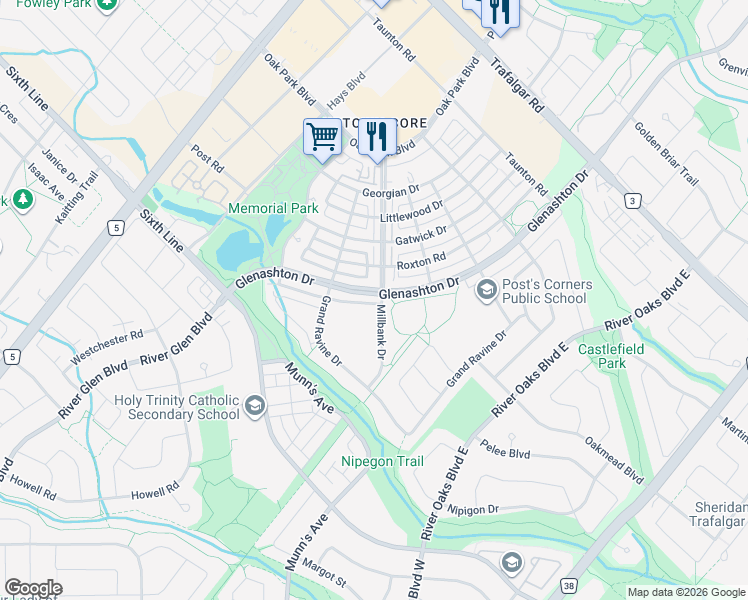 map of restaurants, bars, coffee shops, grocery stores, and more near 134 Glenashton Drive in Oakville