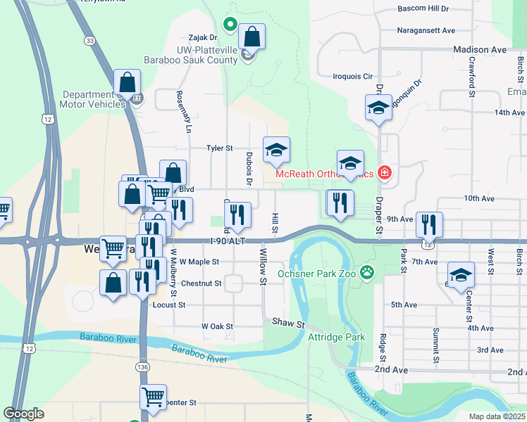 map of restaurants, bars, coffee shops, grocery stores, and more near 213 Campus View Drive in Baraboo