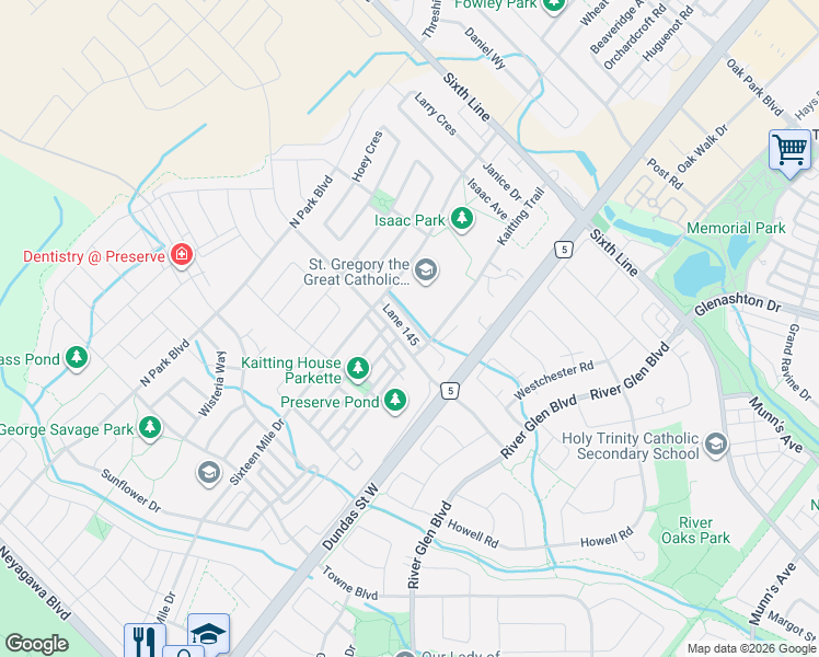 map of restaurants, bars, coffee shops, grocery stores, and more near 3058 Eberly Woods Drive in Oakville